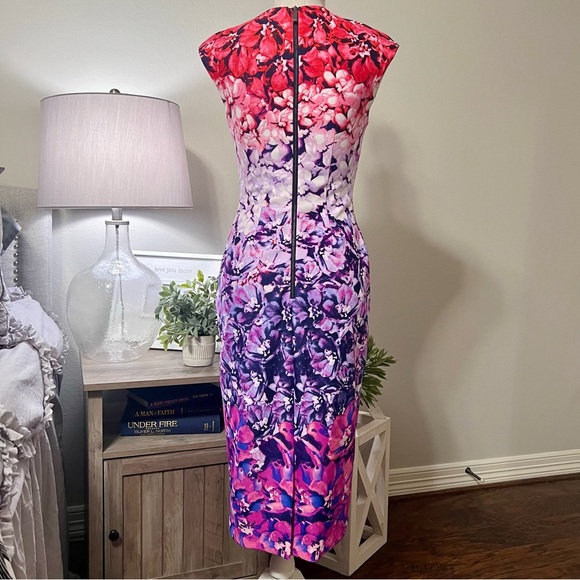 Vince Camuto Stunning Silhouette Vibrant Watercolor Bouquet Cap Sleeve Size 0 - Picture 4 of 13